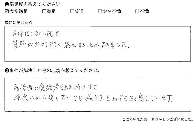 事件完了までの期間、資料がわかりやすく、協力することができました