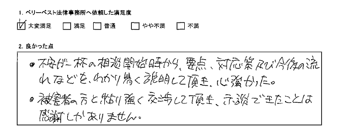 被害者の方と粘り強く交渉して頂き、示談できたことは感謝しかありません