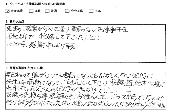 不起訴を獲得してくださりありがとうございます