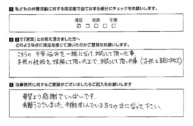 子供の性格を理解して頂いた上で対応して頂いた事