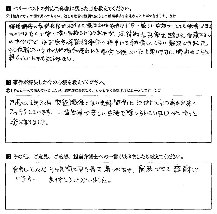 実態関係のない夫婦関係にピリオドを打つ事が出来てスッキリしています。